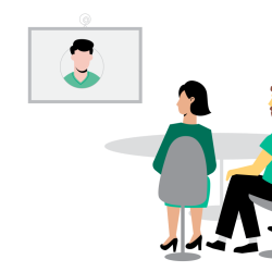 Illustrasjon av digitalt møterom hvor deltakere har møte via skjerm.