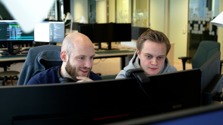 Bilde av ansatt og tidligere lærling i Norsk helsenett som samarbeider framfor pc-skjermer.