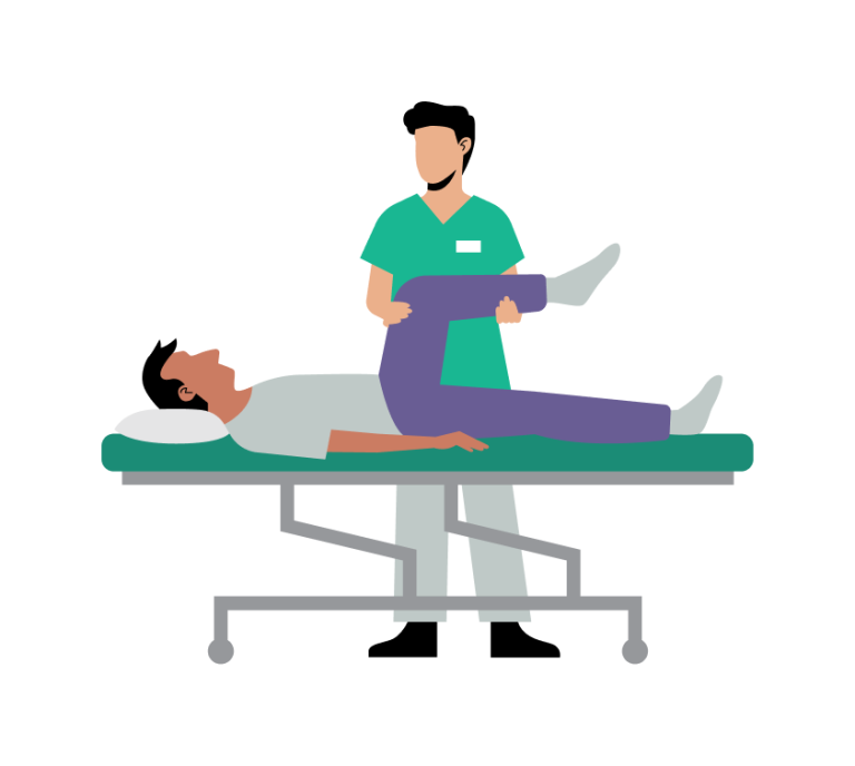 Illustrasjonen viser en person som får behandling av en fysioterapeut. Pasienten ligger på behandlerens benk. Behandleren står bak benken og bøyer pasientens kne.