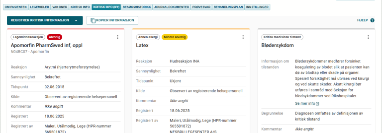 Skjermbilde fra fanen "Kristisk informasjon" i Kjernejournal portal.