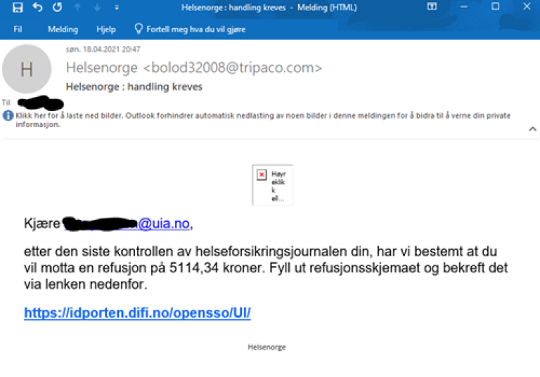 Bilde av eksempel på falsk e-post