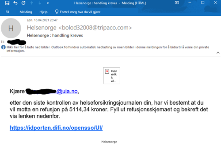 Bilde av eksempel på falsk e-post.