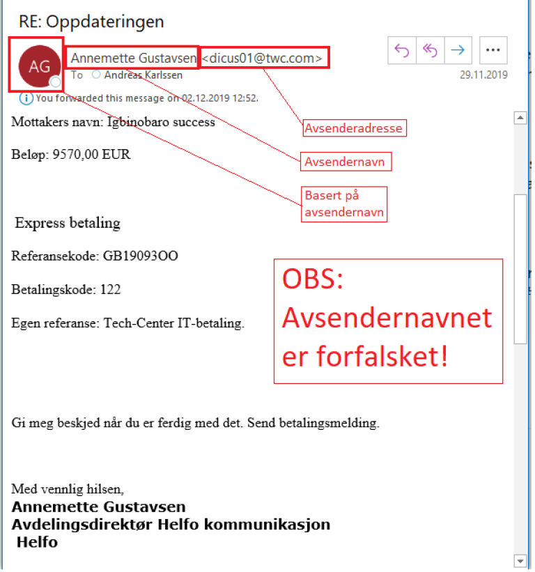 Svindel-e-post med forfalsket avsendernavn: "Annemette Gustavson", og ekte avsenderadresse "dicus01@twc.com"