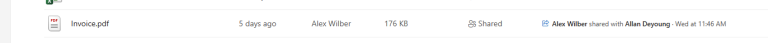Screenshot fra M365-adminpanel hvor Invoice.pdf er delt fra Alex Wilber til Allan Deyong (i M365-lab)