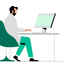 Illustrasjon av mannlig lege som sitter framfor en datamaskin.