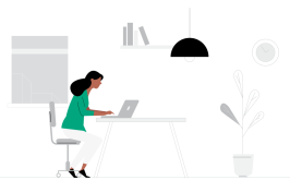 Illustrasjon av dame som sitter og jobber på en bærbar datamaskin.