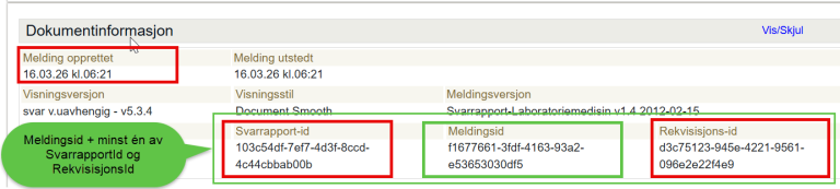 Dokumentinformasjon i nasjonal visningsfil for svarrapporter