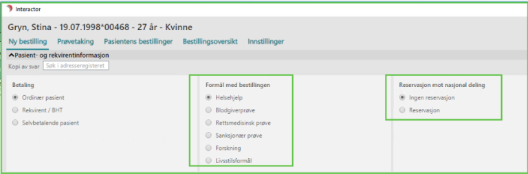 Brukergrensesnitt fra Dips Interactor hvor behandler kan fylle inn formål med bestilling og velge reservasjon mot nasjonal deling