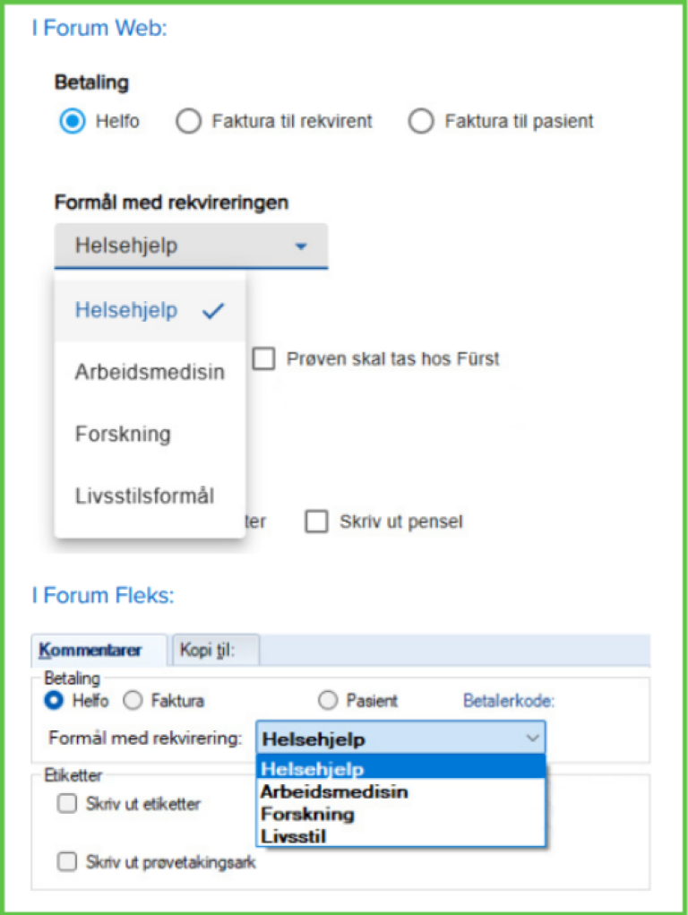 Brukergrensesnitt fra Fürst Forum hvor behandler kan fylle inn formål med rekvirering