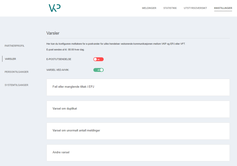 Skermbilde av siden "Varsel" for VKP