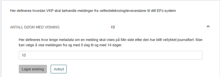 Skjermbilde som viser hvor lenge en melding skal vises på Min side etter den er journalført