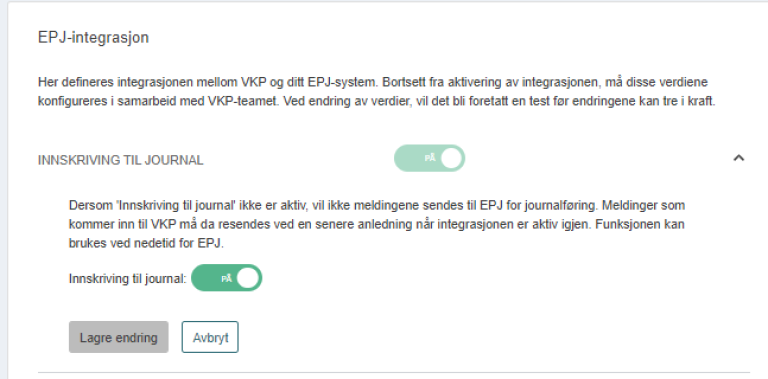 Skjermbilde som vier hvordan du kan slå av og på innskriving til journal