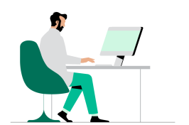 Illustrasjon av mannlig lege som sitter framfor en datamaskin.