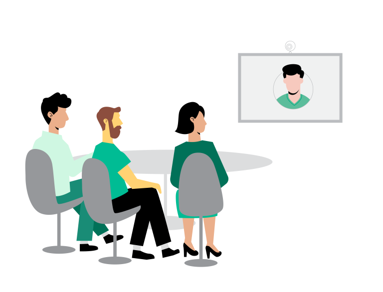 Illustrasjon av digitalt møterom hvor deltakere har møte via skjerm.