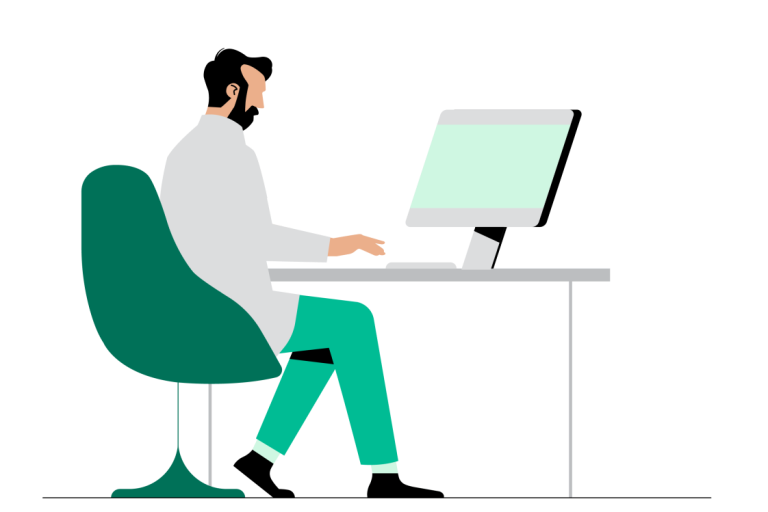 Illustrasjon av mannlig lege som sitter framfor en datamaskin.